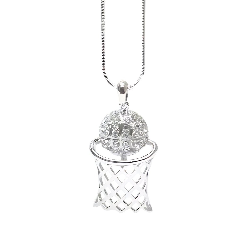 NEW Rhodium Plated Silver Basketball Theme Pendant Necklace with CZ Rhinestones